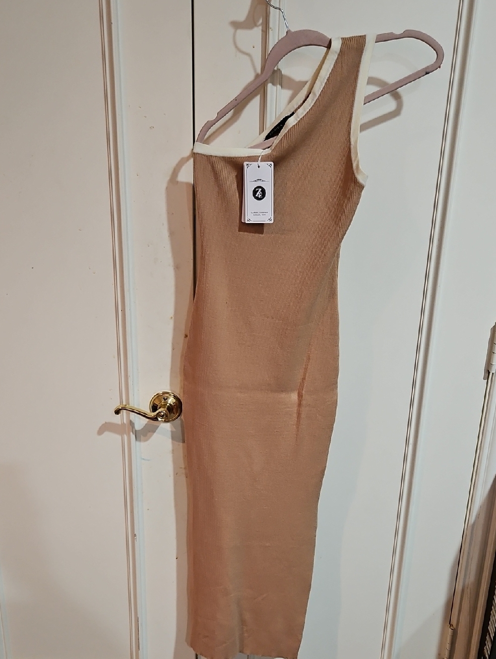 One-Shoulder Ribbed Midi Dress in Camel with Contrast Trim